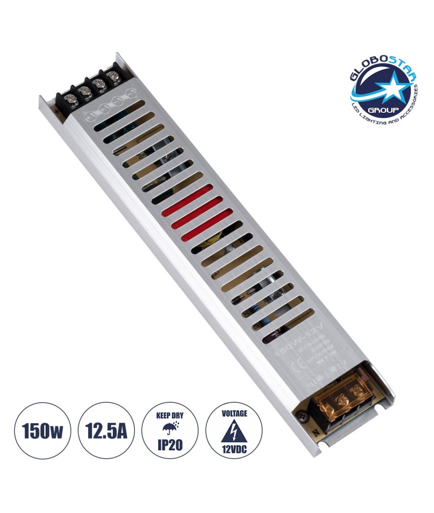 GloboStar® 73027 Μεταλλικό Τροφοδοτικό PELV Ultra Slim για Προϊόντα LED 150W 12.5A - AC 220-240V σε DC 12V - IP20 L25.2 x W5.4 x H2.1cm - 3 Χρόνια Εγγύηση